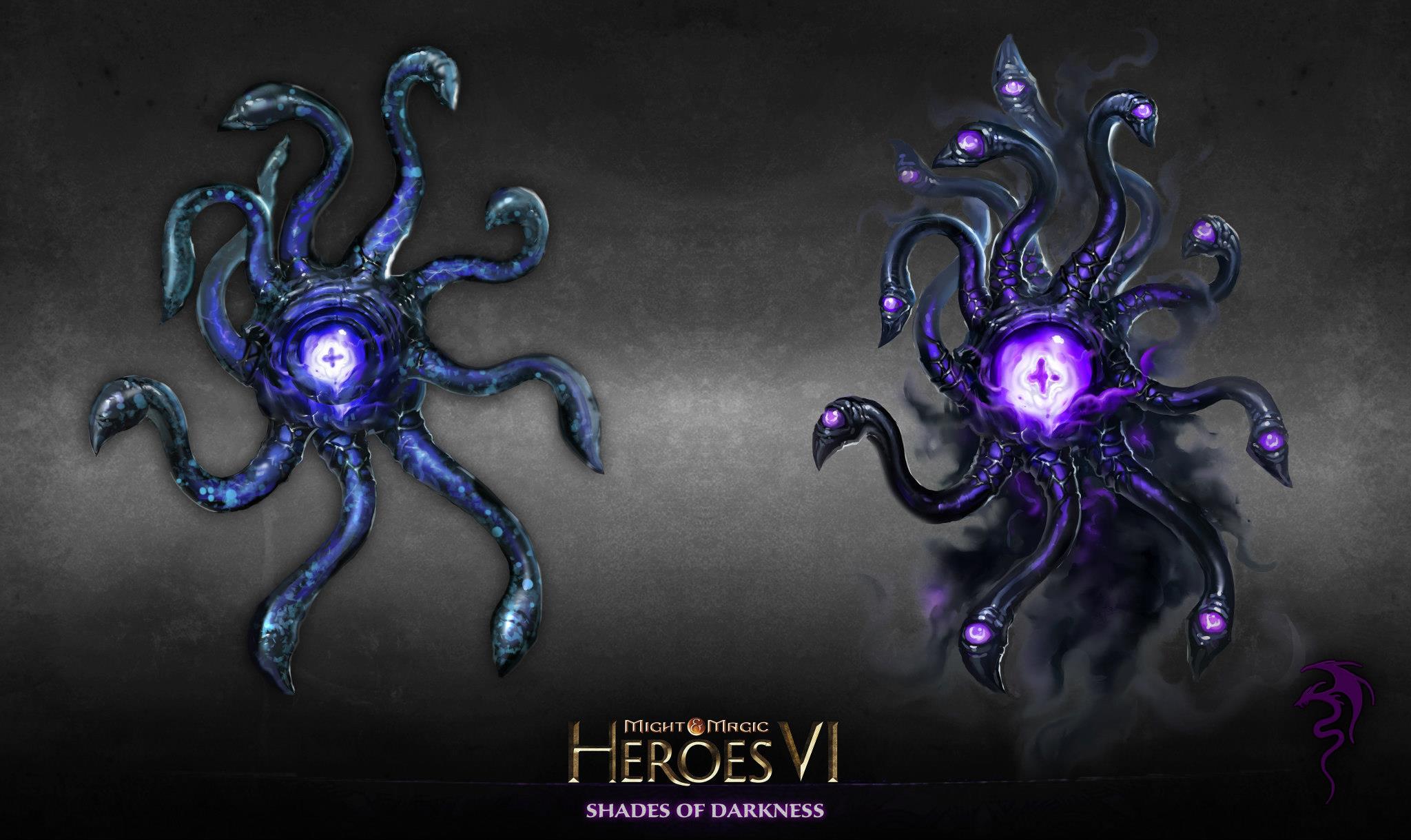Созерцатели
          
            The Shadow Lurker is a minor Spirit of 
Darkness in the shape of a floating orb of shadows with a single central
 purple and glowing eye and several eyestalks framing its body like 
tentacles, each ending in a smaller eye.&nbsp;
        
					It is said these beings are born 
in Malassa’s dark wings, before detaching themselves to roam in the 
subterranean realms. Those unfortunate to cross their gaze see their 
worst nightmares reflected in the Lurker's unblinking eyes.&nbsp;
					
					The Watchers are 
evolved aspects of the Lurkers. Like Malassa herself, they can see 
through the shadows, the secrets and the lies. The Dark Elves use them 
to uncover hidden truths.