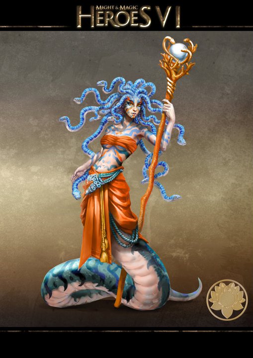 Коралловая Жрица - Coral Priestess  Коралловые Жрицы это целители и дипломаты сообщества Наг. Они появились из Коралловых Наг, самого маленького из трех разновидностей Наг.  Их чешуя яркая и разноцветная, и их лица едва не человеческие. Они обитают в лагунах и на берегах островов Моря Джейд (Jade Sea).  Одно из наиболее уникальных особенностей Кораловых Наг является то, что их волосы - это живые змеи. Большую часть времени, змеи спят и уложены в аккуратный пучек волос.